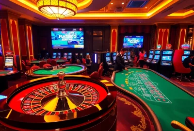 Enjoy gaming at Fun88 com with poker tables and a vibrant roulette wheel in an inviting casino atmosphere.
