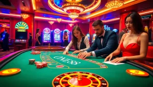 ONE88 casino scene featuring intense poker action with vibrant decor and excited players.