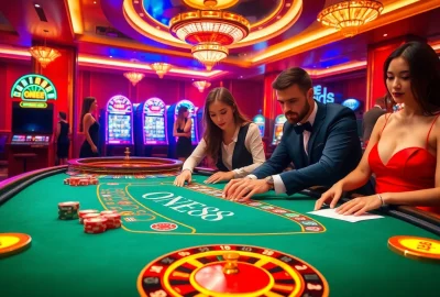 ONE88 casino scene featuring intense poker action with vibrant decor and excited players.