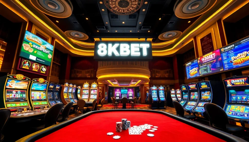 Engaging scene showcasing the excitement of Đăng ký 8KBET at a luxurious casino with vibrant gaming elements.