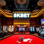 Engaging scene showcasing the excitement of Đăng ký 8KBET at a luxurious casino with vibrant gaming elements.