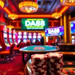DA88 casino scene with players betting at poker tables and vibrant slot machines.