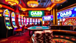 DA88 casino scene with players betting at poker tables and vibrant slot machines.