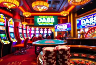 DA88 casino scene with players betting at poker tables and vibrant slot machines.
