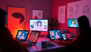 Interactive workspace showcasing users engaging with diverse AI NSFW platforms using modern devices.