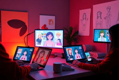 Interactive workspace showcasing users engaging with diverse AI NSFW platforms using modern devices.