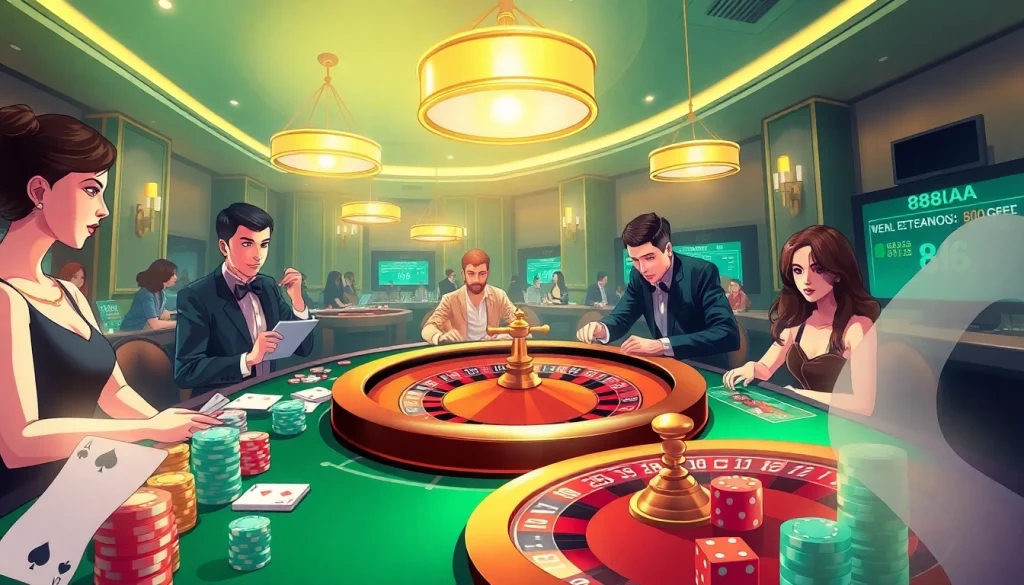 Engaging casino table scene showcasing 88aa with players at a roulette wheel, chips, and cards.