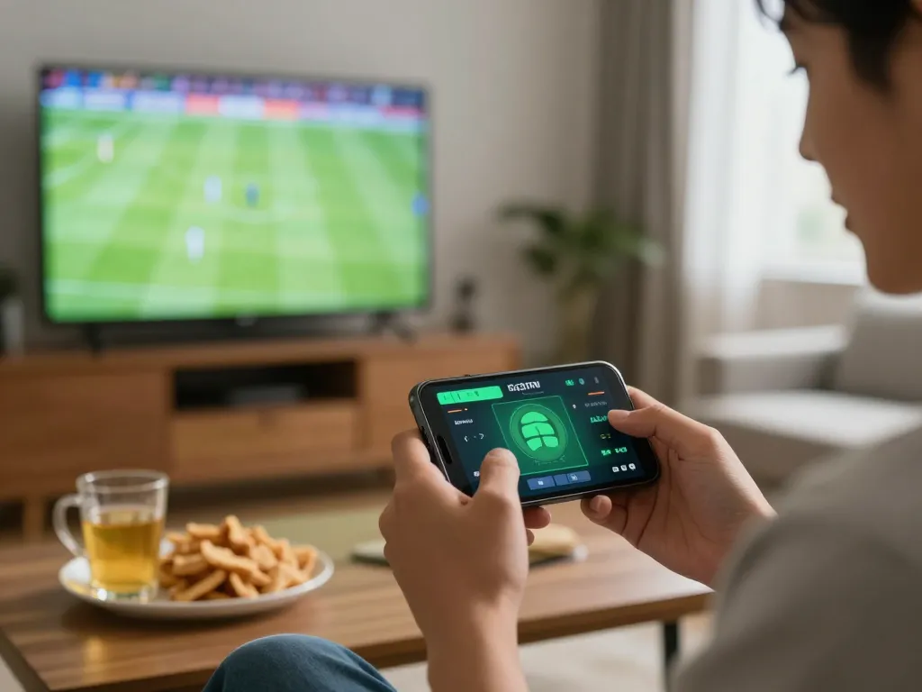Engaged gambler placing a live bet on their smartphone through https://ae888a.ru.com/ in a cozy home setting