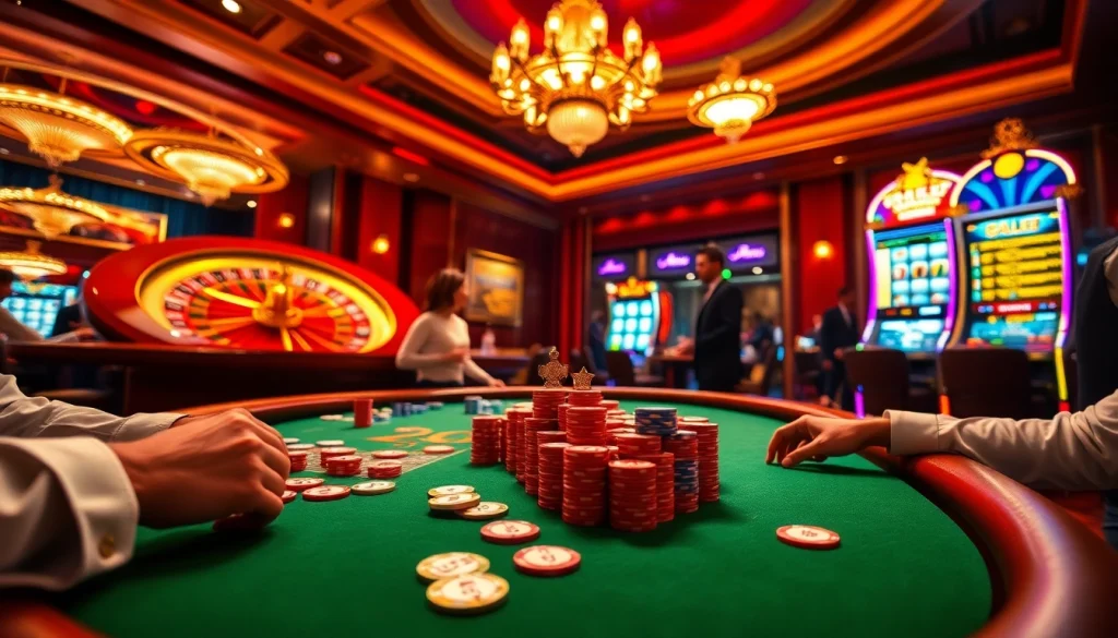 Engaging players at a vibrant poker table, showcasing the excitement of https://kjc365.com/ in a luxurious casino.