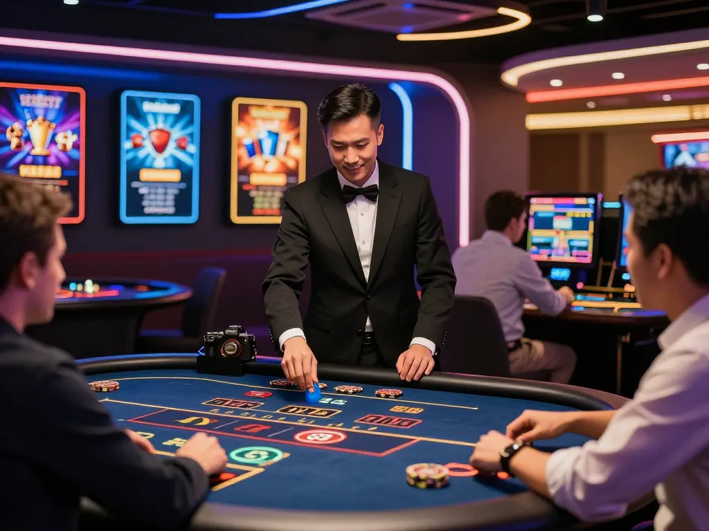 33 win vibrant casino scene with professional dealer and excited players, showcasing online gaming atmosphere.