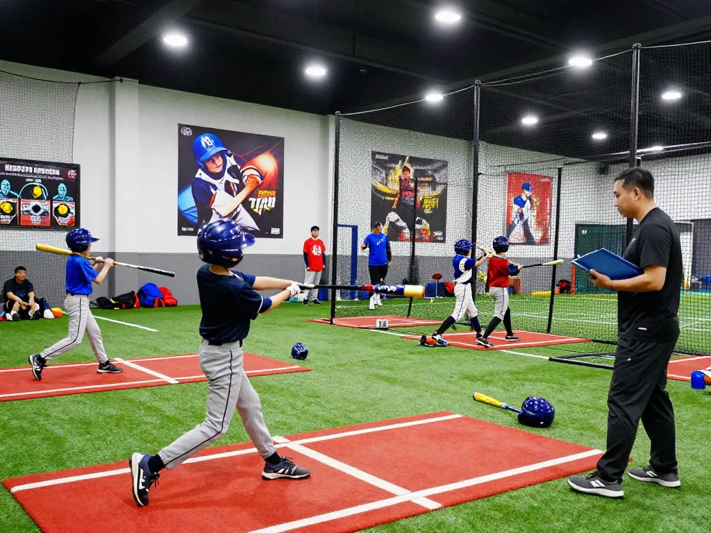 Hitclub training session with young athletes practicing swings in vibrant indoor facility.