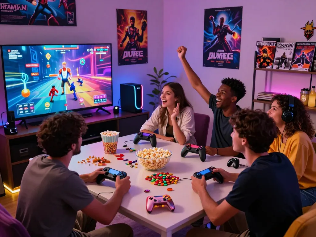Friends enjoying diverse porn games in a vibrant gaming room with snacks and colorful LED lights.