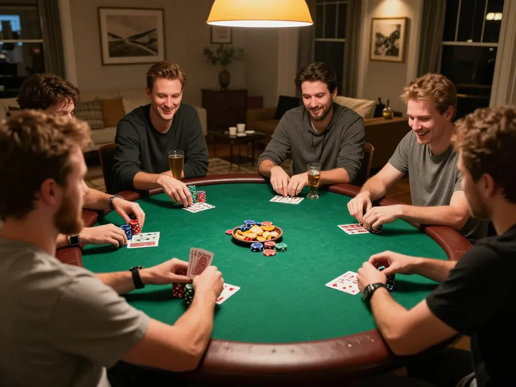 Ev88 players engaging in a thrilling poker game at home, showcasing camaraderie and strategic gameplay.