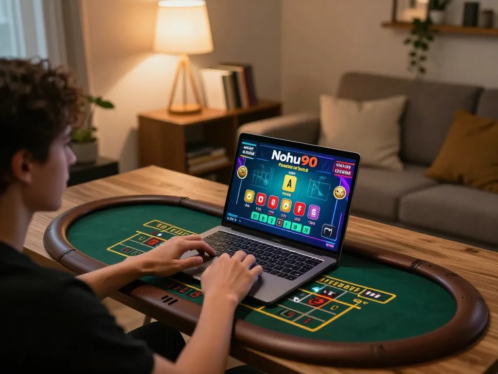 Nohu90 player engaging in a live dealer baccarat game on a laptop at home