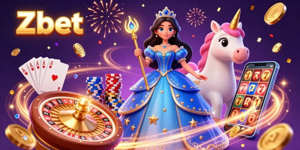 Zbet offers exciting gameplay with vibrant casino elements and enchanting characters in this dynamic 3D illustration.