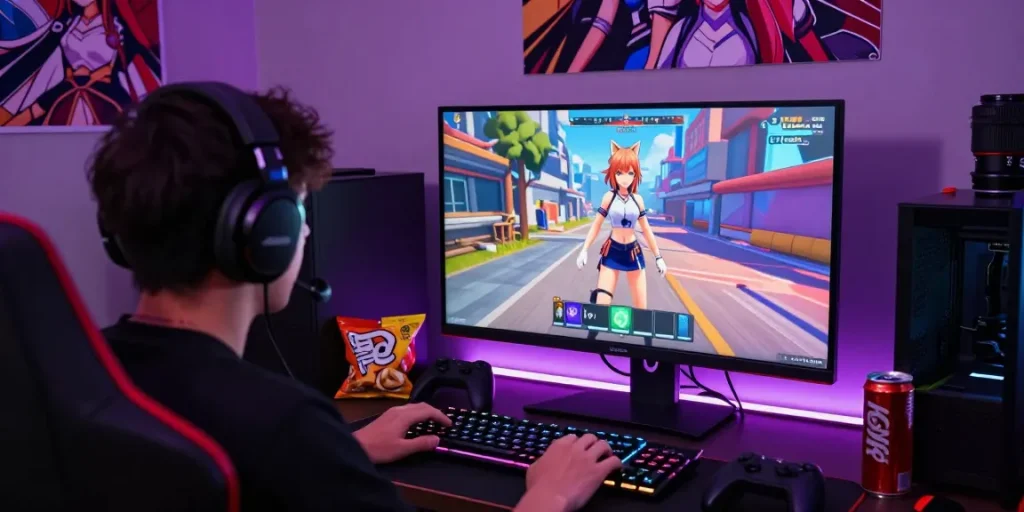 Engaged player in a vibrant hentai game environment, showcasing gaming excitement.