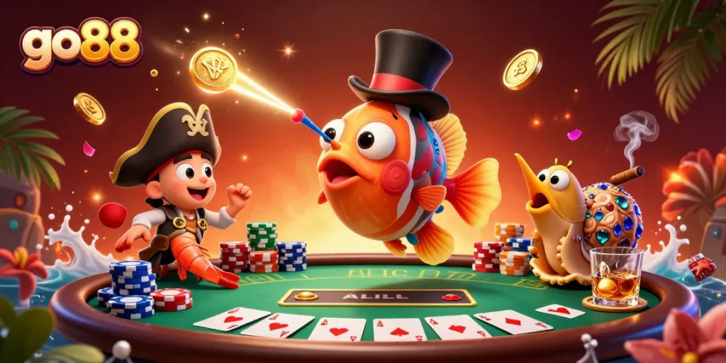 Engage with go88's thrilling casino adventure featuring 3D anglerfish and poker elements.