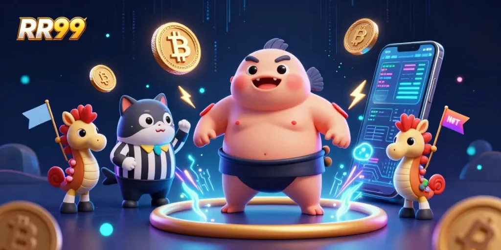 Engage with RR99 in a vibrant underwater casino arena filled with cryptocurrency excitement and colorful characters.