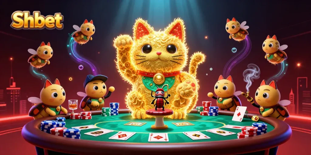Shbet brings fortune to players as a lucky cat waves in a vibrant casino scene.