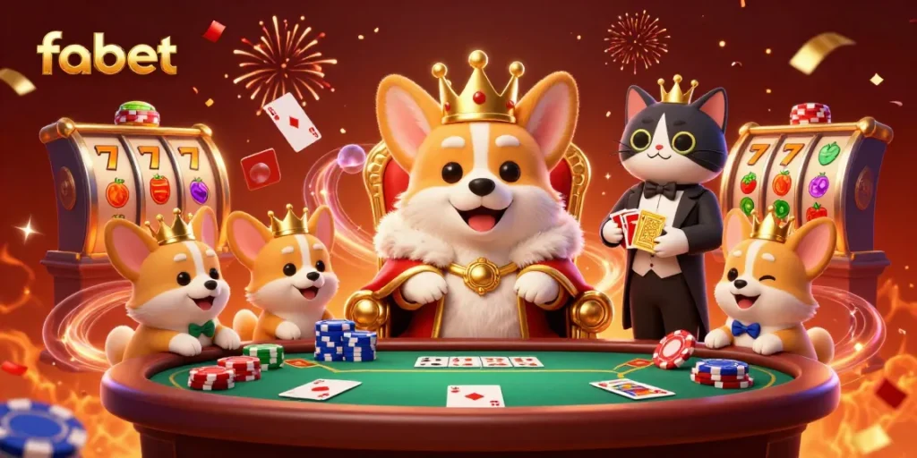 Engage with fabet's vibrant casino scene featuring royal-themed characters amidst dazzling card games and slot elements.