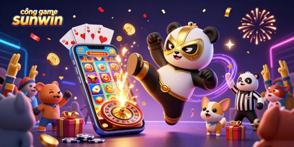Engage in exciting wins at cổng game sunwin with vibrant 3D illustration of a panda wrestler and lively casino elements.