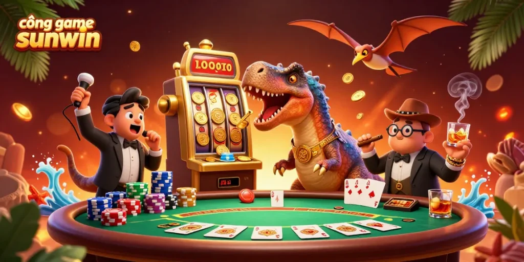 Experience thrilling wins at cổng game sunwin with animated characters celebrating jackpots and poker excitement.