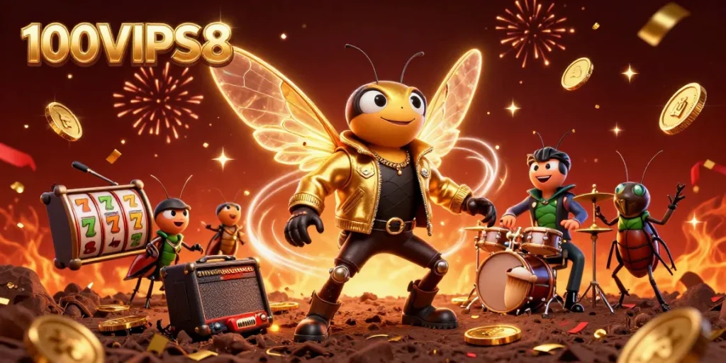 Join the excitement at 100VIPS8 with a thrilling 3D casino scene featuring unforgettable characters.